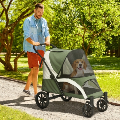 PawHut Foldable Pet Stroller for Medium Dogs with Four Big Wheels, Shock-Absorbing Frame, Safety Leashes, Brakes, Dark Green