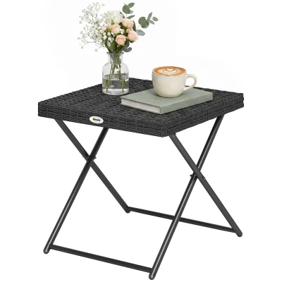 Outsunny Patio Wicker Coffee Table, Outdoor PE Rattan Garden Folding Side Table, 15.75"x15.75"x15.75", Black