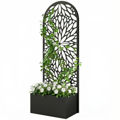 Outsunny Metal Raised Garden Bed with Trellis for Climbing Plants, Freestanding or Wall Mounted Flower Bed with Privacy Panel
