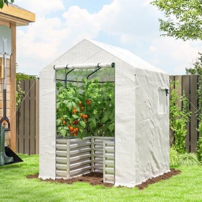 Outsunny Greenhouse with Raised Garden Bed, Galvanized Metal Planter Box with PE Cover, Roll Up Door, 56" x 56" x 75", White