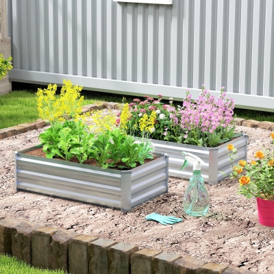 Outsunny Galvanized Raised Garden Beds, Outdoor Planter Box, Set of 2, for Flowers, Herbs and Vegetables, Silver