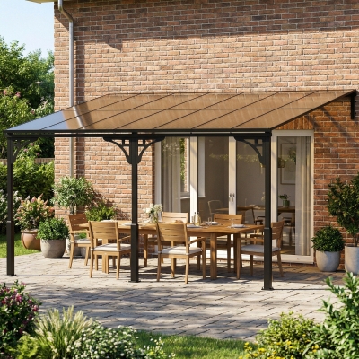 Outsunny 13' x 10' Lean to Gazebo, Hardtop Wall Mounted Outdoor Pergola with Polycarbonate Roof and Metal-Aluminium Frame