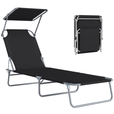 Outsunny Outdoor Lounge Chair, Adjustable Folding Chaise Lounge, Tanning Chair with Sun Shade for Beach, Camping, Hiking, Backyard, Black