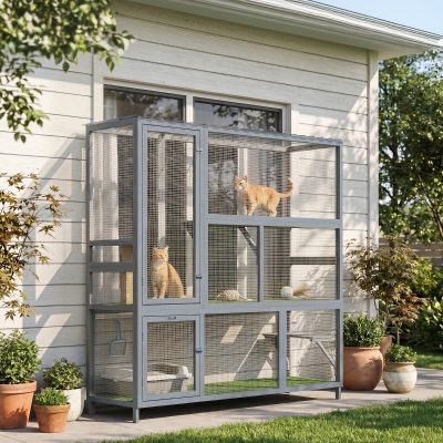 PawHut Catio Outdoor Cat Enclosure, 77" H Wooden Cat House with Weatherproof Roof, Platforms and Scratching Post