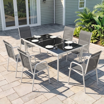 Outsunny 7 Piece Garden Dining Set, Garden Furniture Set with Rectangle Table and 6 Stackable Chairs