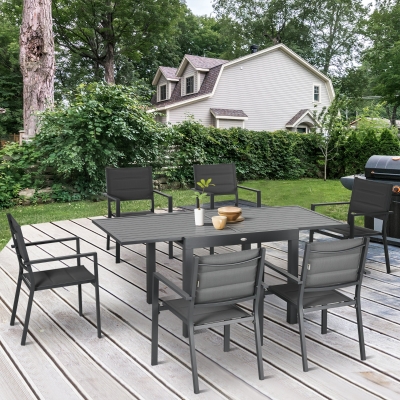 Outsunny Patio Dining Set for 6, Aluminum Expandable Outdoor Table and 6 Stackable Chairs with Padded Back, Mesh Seat, Dark Grey