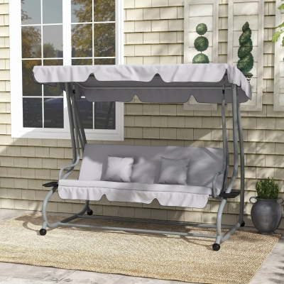 Outsunny Outdoor 3-Seater Patio Swing Chair, Outdoor Swing Seat, with Adjustable Canopy and Two Pillows for Garden, Light Grey