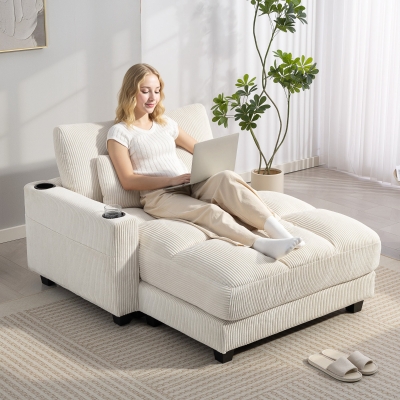 HOMCOM 58" Chaise Lounge Indoor, Oversized Corduroy Sofa Bed with 2 Cup Holders, Pillow, Deep Seat Sleeper Couch, Cream White