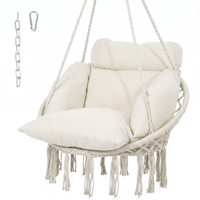 Outsunny Boho Hammock Chair Swing Hanging Chair with Cushion, Chain, Steel Frame for Indoor Outdoor Bedroom Patio Balcony, Cream