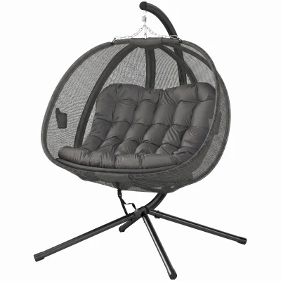 Outsunny Double Egg Chair with Stand, 2 Person Hanging Swing Egg Chair with Cushion, Pockets, Grey