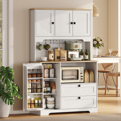 HOMCOM Kitchen Pantry Cabinet, 64" Tall Kitchen Hutch with 3 Cabinets, 2 Drawers, Adjustable Shelves, Microwave Stand, White
