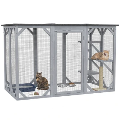 PawHut 44.1" H Cat Cage, Indoor Outdoor Wooden Enclosure Pet House, Small Animal Cage Hutch, Suitable for Rabbit, Dogs, Kitten, Crate Kennel with Waterproof Roof, Multi-Level Platforms, Lock, Grey