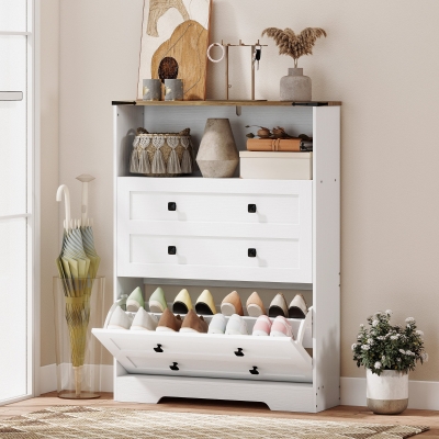 HOMCOM Shoe Cabinet with 2 Flip Drawers, Narrow Shoe Storage Cabinet, White