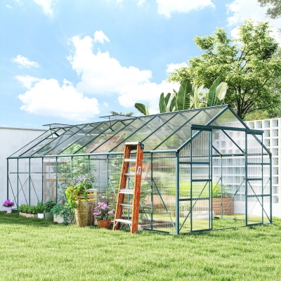 Outsunny Aluminum Greenhouse Polycarbonate Walk-in Garden Greenhouse Kit with Rain Gutter and Sliding Door, 20' x 8', Green