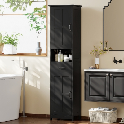 kleankin Modern Bathroom Cabinet, Narrow Bathroom Vanities with Open Shelf Drawer Recessed Doors and Adjustable Shelves Black
