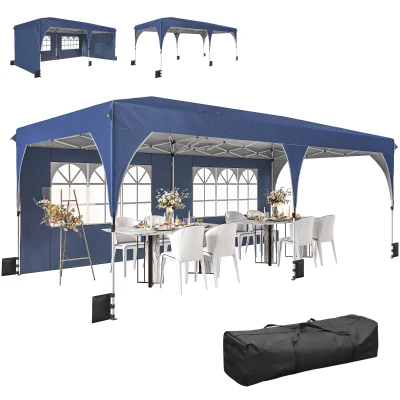 Outsunny 10 x 20 ft Pop Up Canopy Tent with Reflective Strips, UPF 50+ Easy up Instant Canopy with 6 Sandbags, Dark Blue