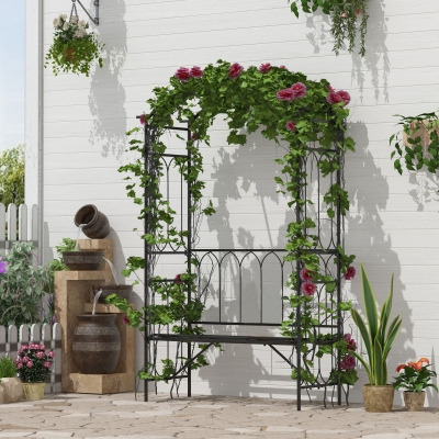 Outsunny 80" Tall Fairy Garden Arbor Arch with Bench Metal Outdoor Plant Climbing Support Trellis with 2 Seater Bench for Rose Vines Black