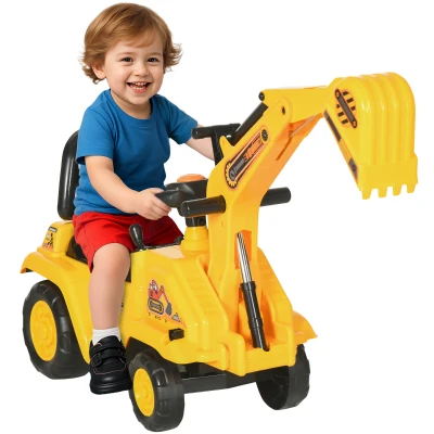 HOMCOM Ride-On Toy Excavator with Digger Scooter Steering Wheel Storage Toddlers for 18-48 Months, Yellow