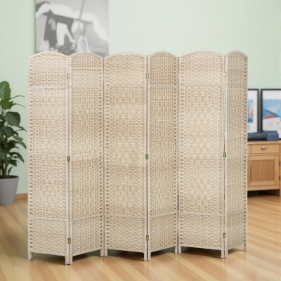 HOMCOM 6 Ft Tall Folding Room Divider, 6 Panel Portable Privacy Screen, Hand-Woven Partition Wall Divider, Light Oak