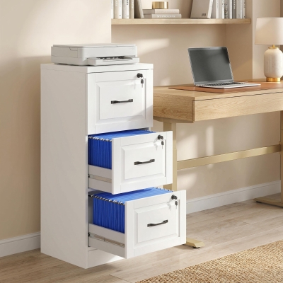 HOMCOM 3 Drawer File Cabinet with Lock, Vertical Filing Cabinet with Adjustable Hanging Bars for A4 and Letter Size, White