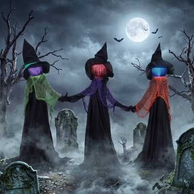 HOMCOM 48" Holding Hands Witch Trio Stake Halloween Yard Decoration, Halloween Witch Decor with Multicolored Light-Up Heads
