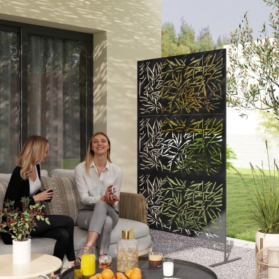 Outsunny Metal Outdoor Privacy Screen, Freestanding Outdoor Divider with Stand, Decorative Privacy Panel, 78" x 48", Black