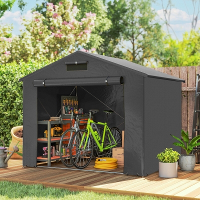 Outsunny 8' x 6' Portable Shed, Waterproof Bike Tent with Roll-up Zipper Door, Vent and Galvanised Metal Frame, Dark Grey