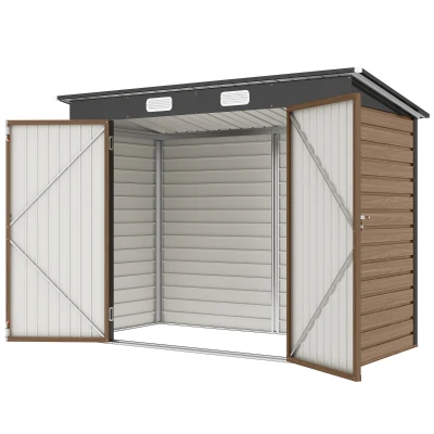 Outsunny 8 x 4FT Galvanized Garden Storage Shed, Metal Outdoor Shed with Double Doors and 2 Vents, Teak