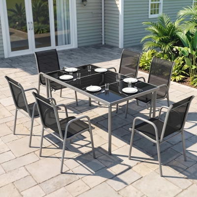 Outsunny 7 Piece Garden Dining Set, Garden Furniture Set with Rectangle Table and 6 Stackable Chairs
