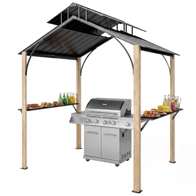 Outsunny 8 x 6ft Hardtop Grill Gazebo, BBQ Gazebo with Metal Double Roof, Outdoor Grill Canopy with Wood-Grain Aluminum Frame