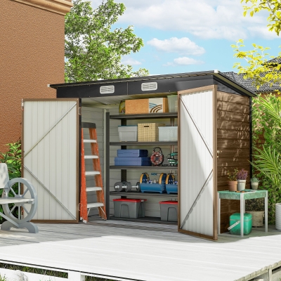 Outsunny 8 x 4FT Galvanized Garden Storage Shed, Metal Outdoor Shed with Double Doors and 2 Vents, Teak
