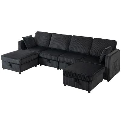 HOMCOM Modular Sofa, U-Shaped Corduroy Couch with Dual Storage Ottoman, Under-Seat Storage, 4 Pillows, Dark Grey
