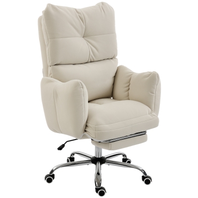 HOMCOM Office Chair with Foot Rest, Ergonomic Reclining Computer Gaming Chair with Snow Flannel Fabric, Thick Cushion, Cream