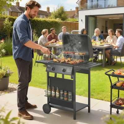 Outsunny 2 Burner Propane Gas Grill, 18000 BTU with Wheels, Black