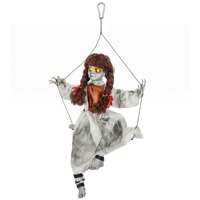 HOMCOM Halloween Animated Hanging Creepy Girl on Swing Decoration, Light-Up Eyes, Sound and Touch Activated