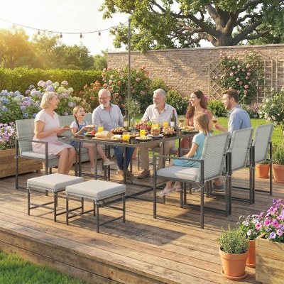 Outsunny 11 Pieces Wicker Patio Dining Set, Rattan Outdoor Furniture Set with 6 Armchairs, 4 Stools, Light Grey
