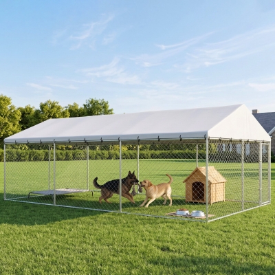 PawHut Galvanized Steel Outdoor Dog Kennel with Roof, Safety Locks, for Backyard, 19.7' x 9.8' x 7.1'