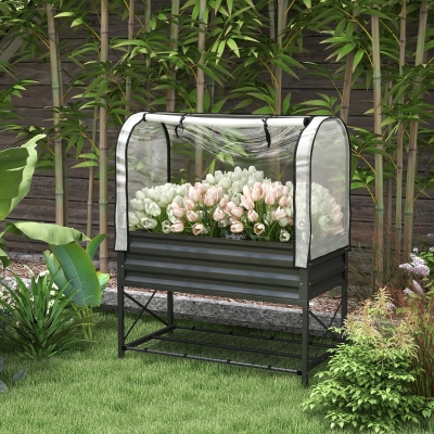 Outsunny Raised Garden Bed with Cover, Metal Elevated Planter Box with Bottom Shelf and Liner, Black