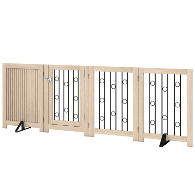 PawHut reestanding Dog Gate, Wooden Foldable Pet Gate with 4 Panels, Walk-Through Door, Support Feet, Non-Slip Mats
