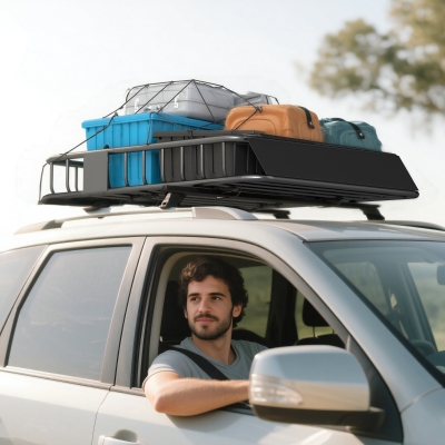 HOMCOM Universal Roof Rack Basket, 200lbs Steel Roof Rack Cargo Carrier with Wind Fairing, Side Rails, 43.5"x39.2"x7.3", Black