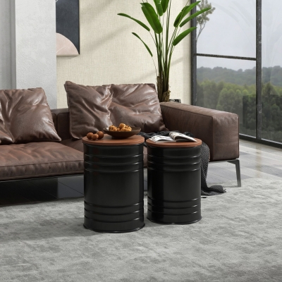 HOMCOM Round Side Table Set of 2, Nesting Coffee Tables w/ Wooden Lid, Metal Frame and Hidden Storage Space for Bedroom, Black