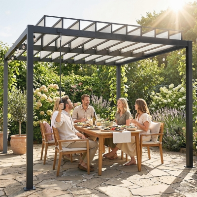 Outsunny 9.5 x 10 ft Louvered Pergola with PC Roof, Aluminium Outdoor Pergola Gazebo with Drainage Gutters, Handle, Clear