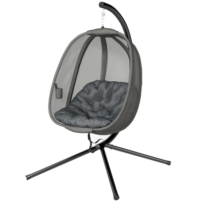 Outsunny Hanging Egg Chair, Outdoor Indoor Swing Chair with Stand, Folding Basket and Thickened Cushion, Grey
