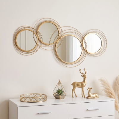 HOMCOM Metal Wall Art Gold Frame Circle Bathroom Mirror Decor Home Hanging Wall Sculptures, 42.25"L x 22"W x 1.5"H, Gold