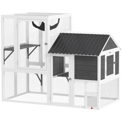 PawHut Catio Outdoor Cat Enclosure, 63" L Large Cat House with 4-Way Adjustable Door, Private House, Hammock, 2 Platforms