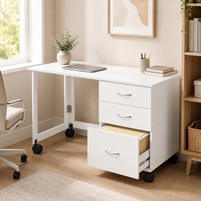 HOMCOM Computer Desk Foldable Top Office Desk 3 Drawers, 4 Lockable Wheels, White Wood Grain