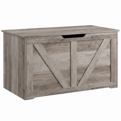 HOMCOM 31.5 Inches Storage Chest, Storage Trunk with Safety Hinge for Living Room, Grey Wood Grain