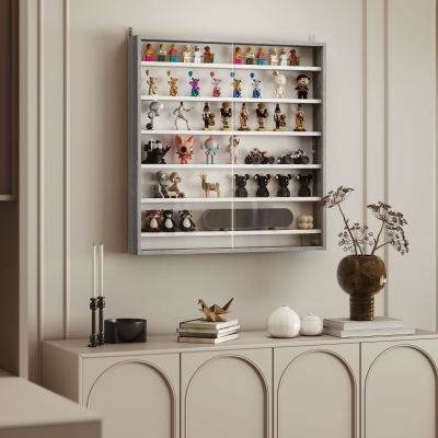 HOMCOM 7-Tier Display Cabinet, Shot Glass Display Case, Glass Curio Cabinet with 2 Glass Doors and 6 Adjustable Shelves, Grey