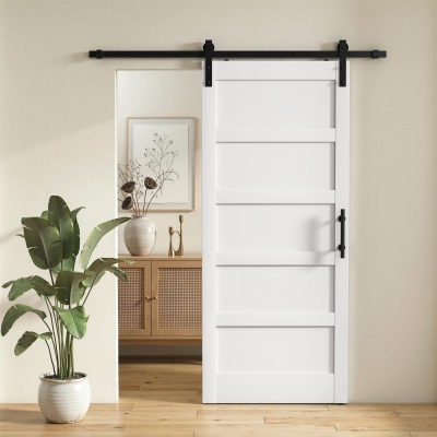 HOMCOM 36"x84" Sliding Barn Door with Hardware Kit, Shaker Style Sliding Door with Handle, Track, Floor Guide, White Wood Grain