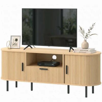 HOMCOM TV Stand for TVs up to 60", Modern Entertainment Center with Curved Sliding Doors and Storage, Natural Wood